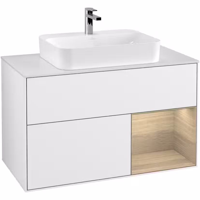 Tvättställsskåp Villeroy & Boch Finion med 2 Lådor Hylla och Bänkskiva för Ytmonterat Tvättställ Vit Högblank/Ekfanér med bänkskiva i Mattvitt glas, Lucka Höger
