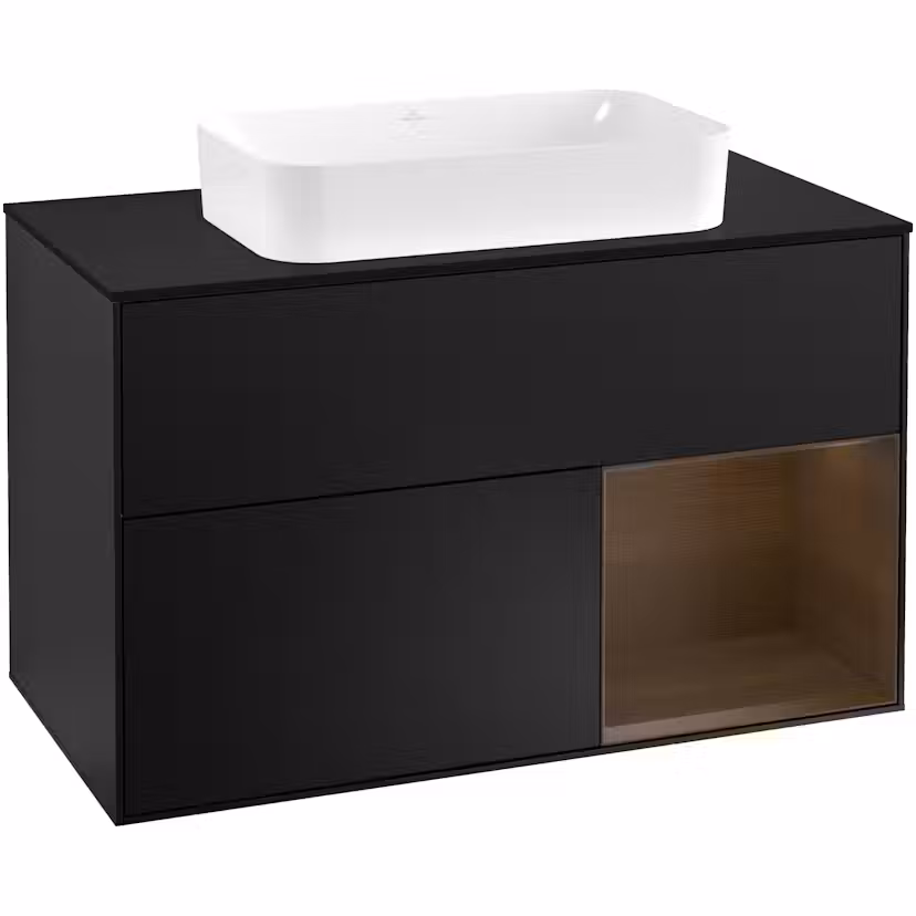 Tvättställsskåp Villeroy & Boch Finion med 2 Lådor Hylla och Bänkskiva för Fristående Tvättställ Svart Mattlack/Valnötsfanér med bänkskiva i Mattsvart glas, Lucka Höger med Blandarhål