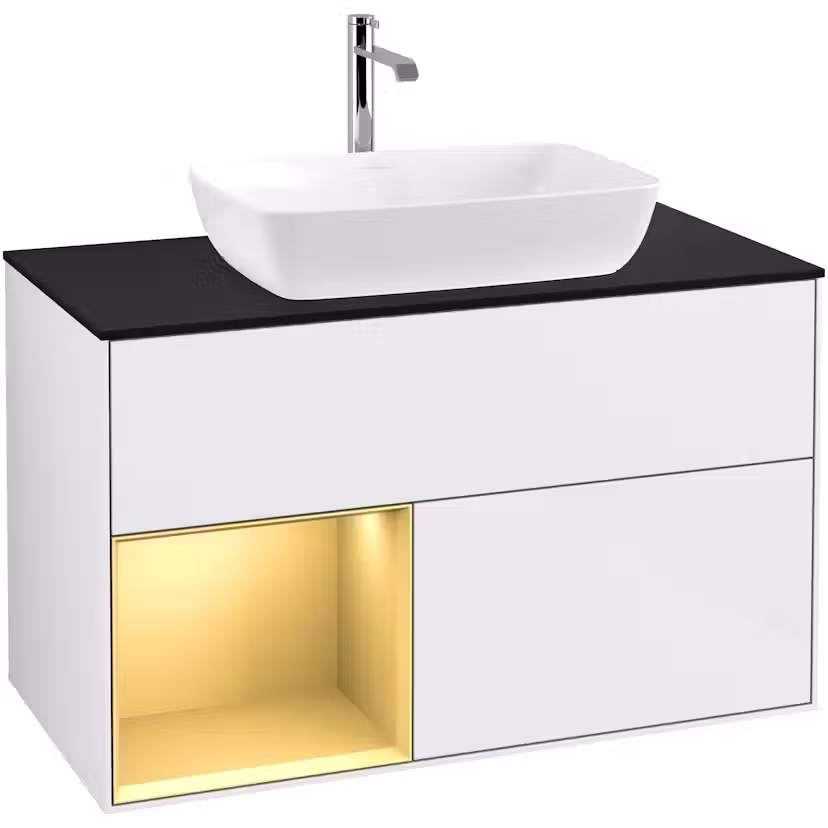 Tvättställsskåp Villeroy & Boch Finion med 2 Lådor Hylla och Bänkskiva för Fristående Tvättställ från Artis & Collaro Vit Högblank/Guld Mattlack med bänkskiva i Mattsvart glas, Lucka Vänster Med Blandarhål