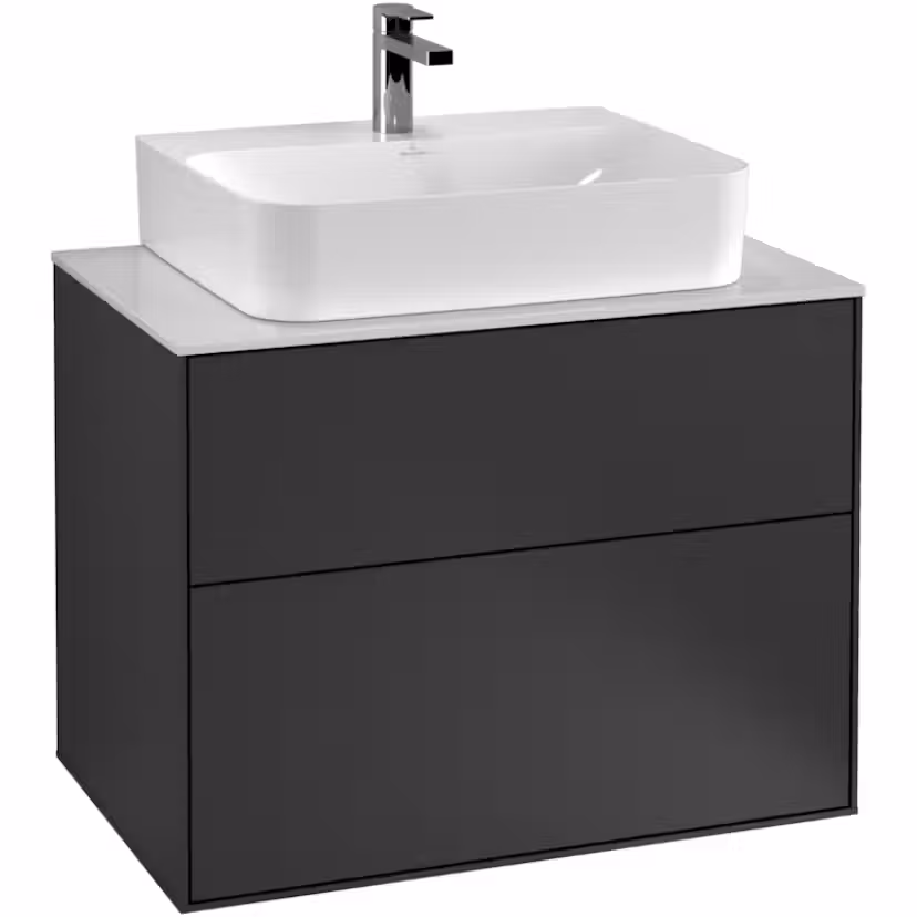 Tvättställsskåp Villeroy & Boch Finion med 2 Lådor och Bänkskiva för Centrerat Tvättställ Antracitgrå Mattlack, B: 800 mm med bänkskiva i Mattvitt glas med Väggbelysning