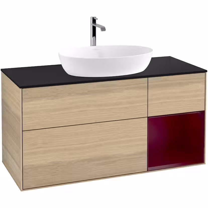 Tvättställsskåp Villeroy & Boch Finion med 3 Lådor Hylla och Bänkskiva för Fristående Tvättställ från Artis & Collaro Ekfanér/Pion Mattlack med bänkskiva i Mattsvart glas med Väggbelysning, Lucka Höger Utan Blandarhål