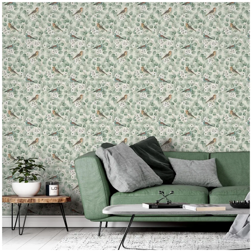 Fantasia III Birds & Blossoms Green 296402 Grön Tapet | Stuvbutiken - Bild 3