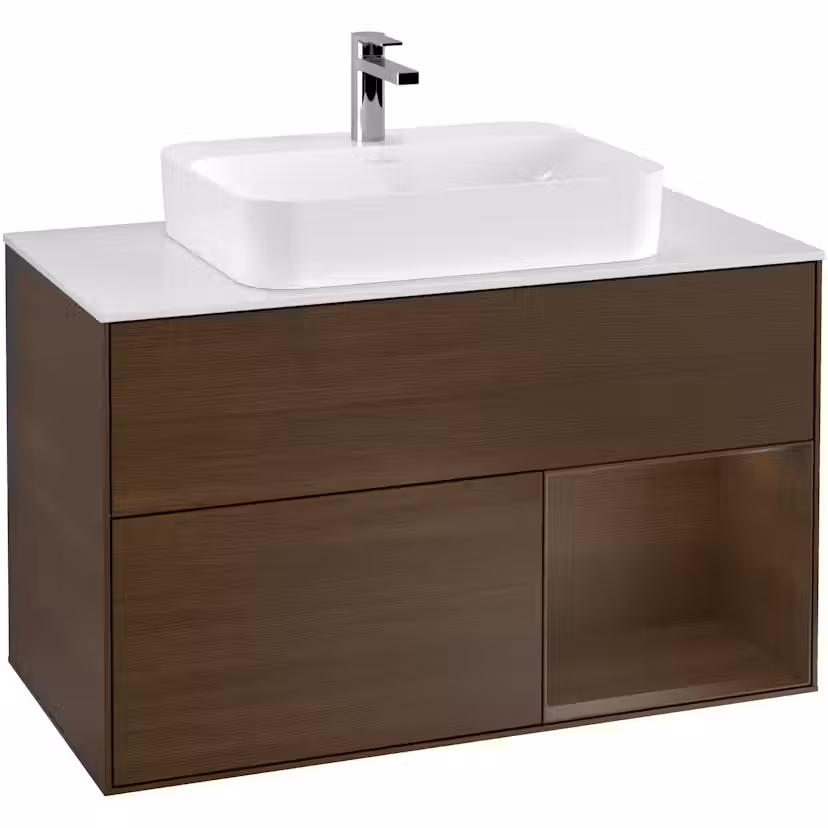 Tvättställsskåp Villeroy & Boch Finion med 2 Lådor Hylla och Bänkskiva för Ytmonterat Tvättställ Valnötsfanér/Valnötsfanér med bänkskiva i Mattvitt glas med Väggbelysning, Lucka Höger