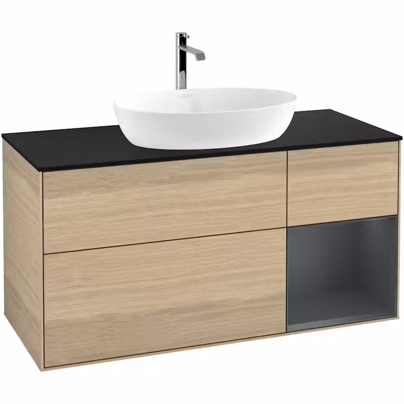 Tvättställsskåp Villeroy & Boch Finion med 3 Lådor Hylla och Bänkskiva för Fristående Tvättställ från Artis & Collaro Ekfanér/Midnattsblå Mattlack med bänkskiva i Mattsvart glas med Väggbelysning, Lucka Höger Med Blandarhål