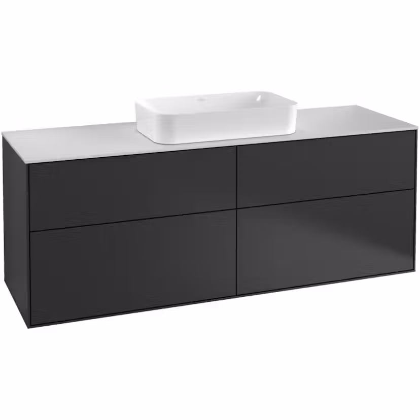 Tvättställsskåp Villeroy & Boch Finion med 4 Lådor och Bänkskiva för Fristående Tvättställ Antracitgrå Mattlack B: 1600 mm med bänkskiva i Mattvitt glas med Väggbelysning med Blandarhål