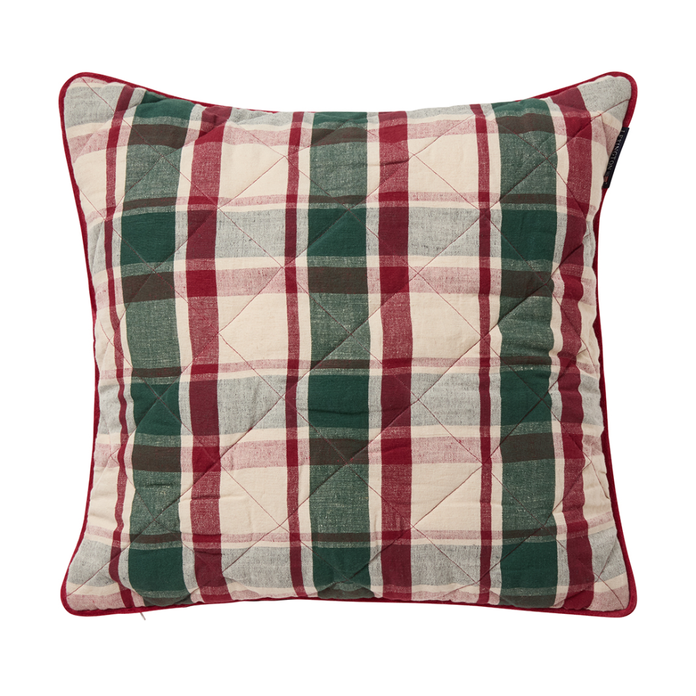 Checked quiltad linne/bomull kuddfodral 50x50 cm, Green-red-beige