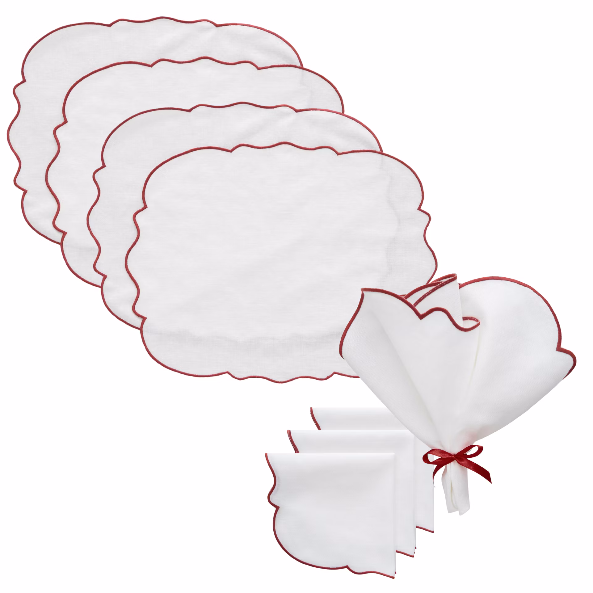 Gia Textilset 4 Bordstabletter + 4 Servetter, Vit / Vinröd