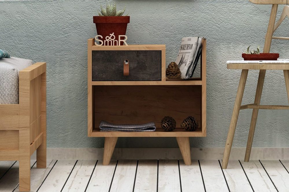 Mod Design Sängbord 50 cm med Förvaring Låda + Hylla Läderbe