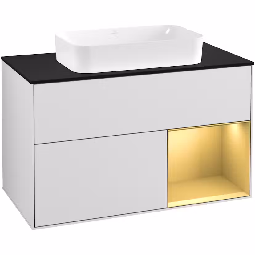 Tvättställsskåp Villeroy & Boch Finion med 2 Lådor Hylla och Bänkskiva för Fristående Tvättställ Vit Mattlack/Guld Mattlack med bänkskiva i Mattsvart glas med Väggbelysning, Lucka Höger med Blandarhål