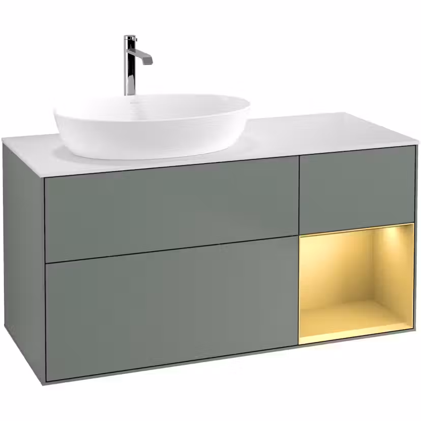 Tvättställsskåp Villeroy & Boch Finion med 3 Lådor Hylla och Bänkskiva för Ocentrerat Tvättställ från Artis & Collaro Oliv Mattlack/Guld Mattlack med bänkskiva i Mattvitt glas med Väggbelysning, Lucka Höger Med Blandarhål