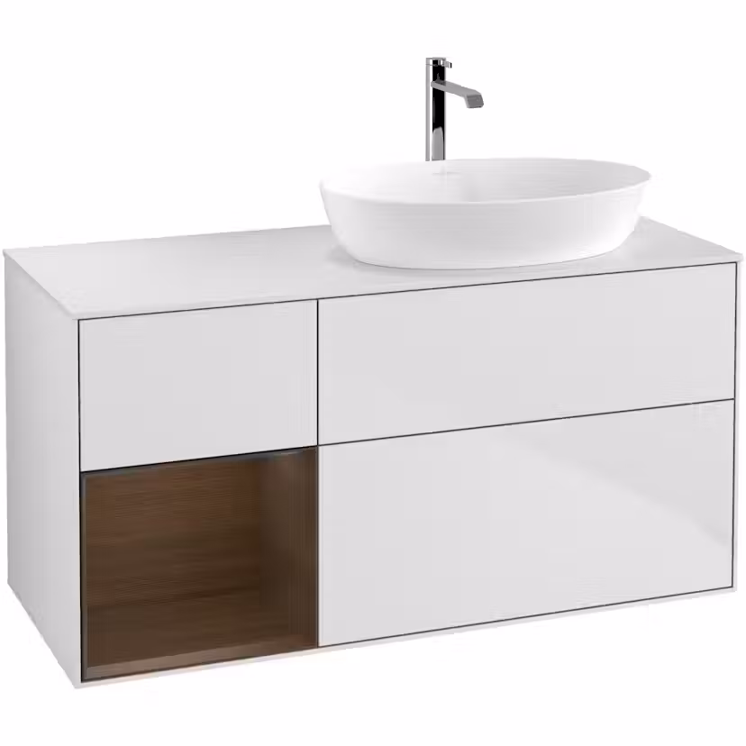 Tvättställsskåp Villeroy & Boch Finion med 3 Lådor Hylla och Bänkskiva för Ocentrerat Tvättställ från Artis & Collaro Vit Mattlack/Valnötsfanér med bänkskiva i Mattvitt glas med Väggbelysning, Lucka Vänster Utan Blandarhål
