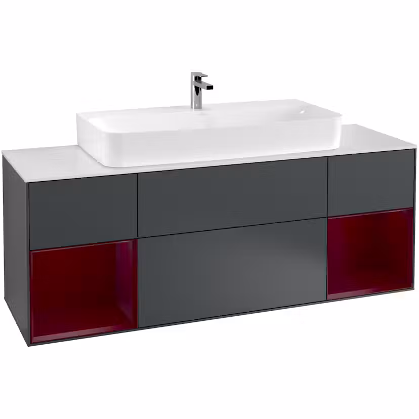 Tvättställsskåp Villeroy & Boch Finion med Två Hyllor och Bänkskiva för Centrerat Tvättställ Midnattsblå Mattlack/Pion Mattlack med bänkskiva i Mattvitt glas
