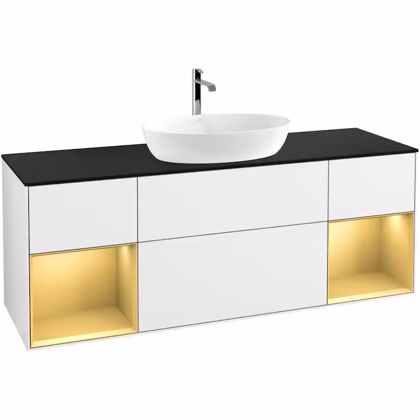 Tvättställsskåp Villeroy & Boch Finion med Två Hyllor och Bänkskiva för Fristående Tvättställ från Artis & Collaro Vit Högblank/Guld Mattlack med bänkskiva i Mattsvart glas med Väggbelysning Med Blandarhål utan Väggbelysning