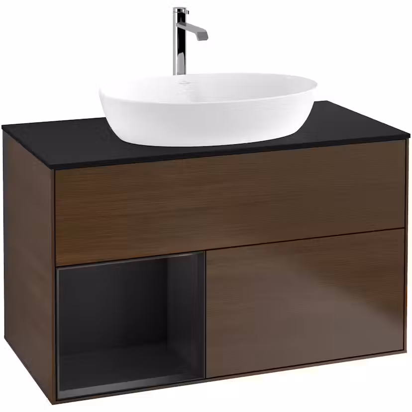 Tvättställsskåp Villeroy & Boch Finion med 2 Lådor Hylla och Bänkskiva för Fristående Tvättställ från Artis & Collaro Valnötsfanér/Svart Mattlack med bänkskiva i Mattsvart glas med Väggbelysning, Lucka Vänster Med Blandarhål