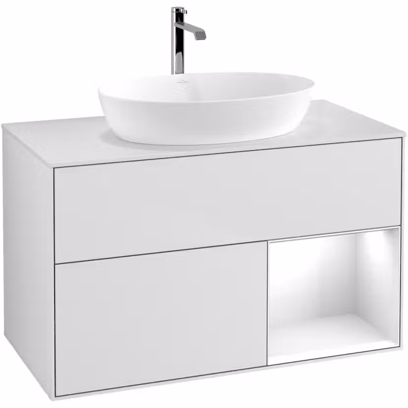 Tvättställsskåp Villeroy & Boch Finion med 2 Lådor Hylla och Bänkskiva för Fristående Tvättställ från Artis & Collaro Vit Mattlack/Vit Högblank med bänkskiva i Mattvitt glas med Väggbelysning, Lucka Höger Utan Blandarhål