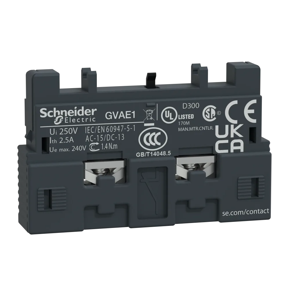 Schneider Electric GVAE1 Hjälpkontaktblock TeSys GV2 & GV3 1 slutande eller 1 brytande, vändbar, frontmonteras