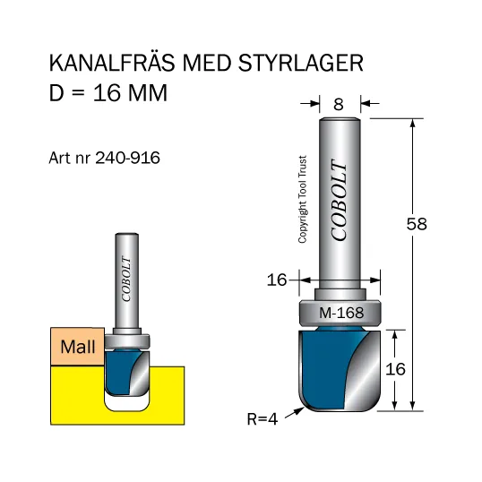 Cobolt 240-916 Kanalfräs D=16 R=4 L=16