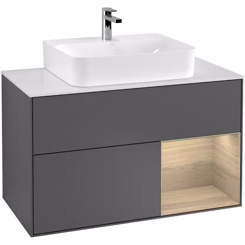 Tvättställsskåp Villeroy & Boch Finion med 2 Lådor Hylla och Bänkskiva för Centrerat Tvättställ Antracitgrå Mattlack/Ekfanér med bänkskiva i Mattvitt glas, Lucka Höger