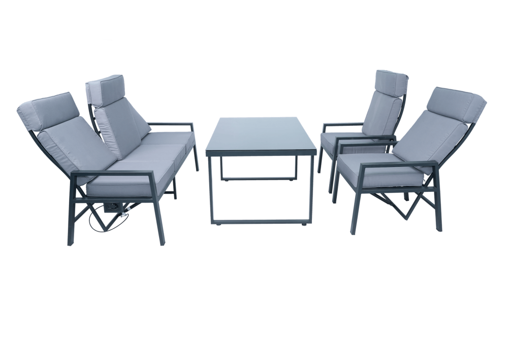 Loungegrupp i aluminium med recliner – Soffa, 2 stolar & bord | Apelviken