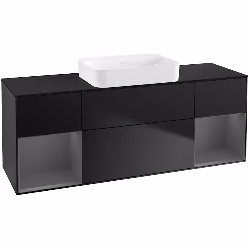 Tvättställsskåp Villeroy & Boch Finion med Två Hyllor och Bänkskiva för Fristående Tvättställ Svart Mattlack/Antracitgrå Mattlack med bänkskiva i Mattsvart glas med Väggbelysning utan Blandarhål