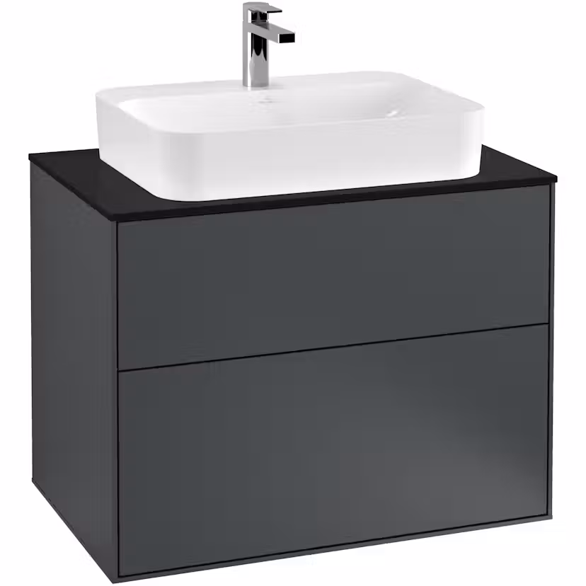 Tvättställsskåp Villeroy & Boch Finion med 2 Lådor och Bänkskiva för Ytmonterat Tvättställ Midnattsblå Mattlack, B: 800 mm med bänkskiva i Mattsvart glas med Väggbelysning
