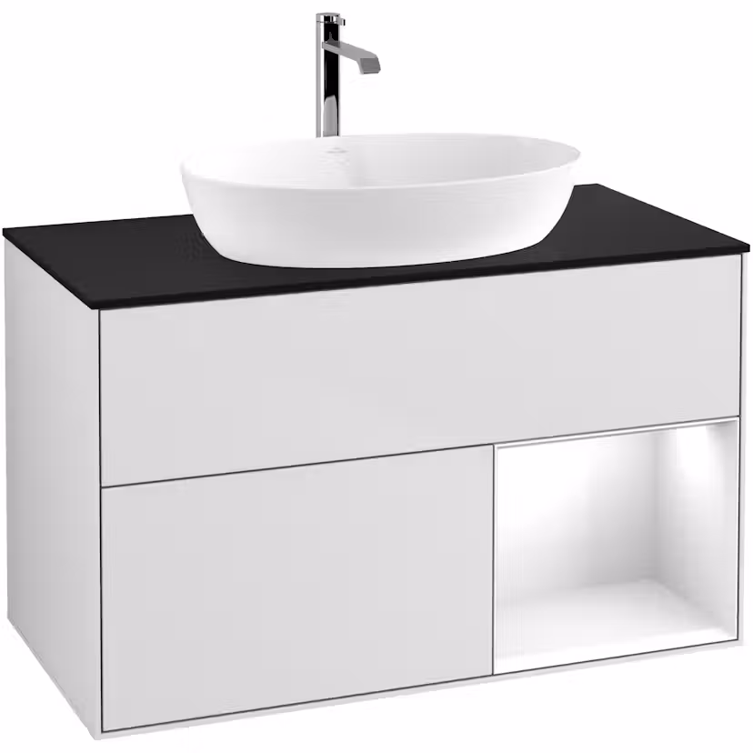 Tvättställsskåp Villeroy & Boch Finion med 2 Lådor Hylla och Bänkskiva för Fristående Tvättställ från Artis & Collaro Vit Mattlack/Vit Högblank med bänkskiva i Mattsvart glas med Väggbelysning, Lucka Höger Utan Blandarhål