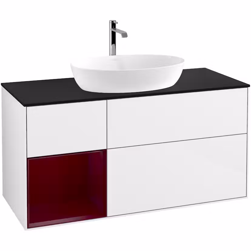 Tvättställsskåp Villeroy & Boch Finion med 3 Lådor Hylla och Bänkskiva för Fristående Tvättställ från Artis & Collaro Vit Högblank/Pion Mattlack med bänkskiva i Mattsvart glas med Väggbelysning, Lucka Vänster Utan Blandarhål