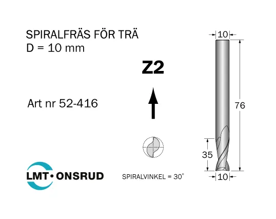 Cobolt 52-416 Spiralfräs D=10 L=35 TL=76 Z=2 S=10