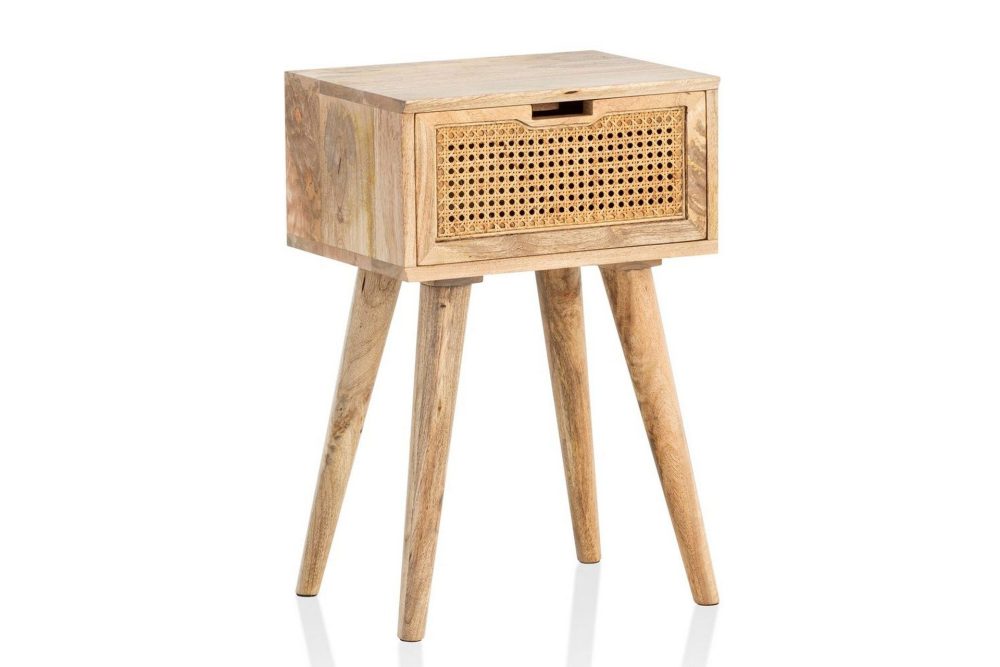 Sängbord Wohnling Massivt mangoträ med 1 låda med wienerflätverk i modern stil Ljusbrun