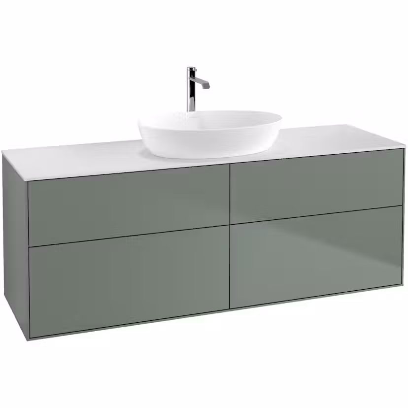 Tvättställsskåp Villeroy & Boch Finion med 4 Lådor och Bänkskiva för Fristående Tvättställ från Artis & Collaro Oliv Mattlack B: 1600 mm med bänkskiva i Mattvitt glas med Väggbelysning Utan Blandarhål