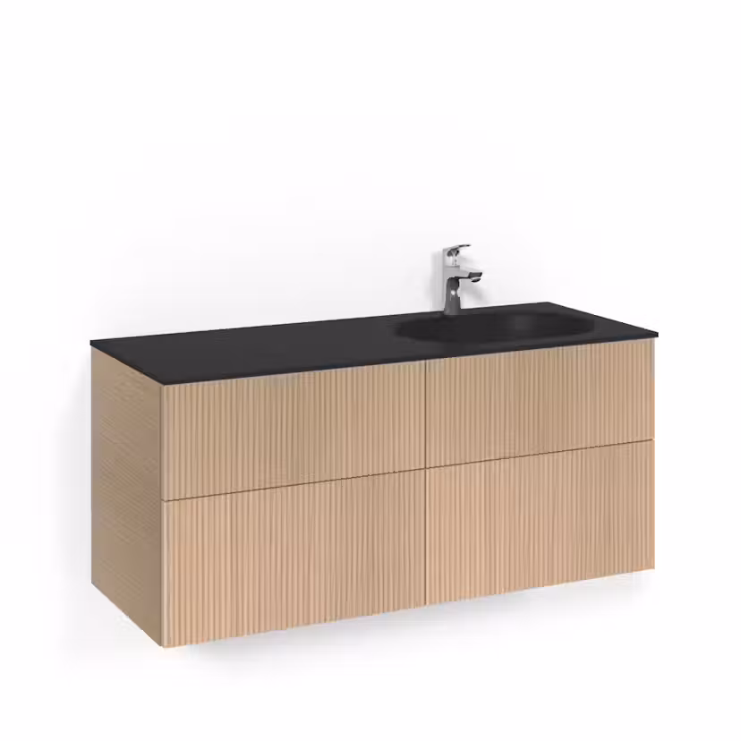 Tvättställsskåp Macro Design Crown Line med Glastvättställ Ljus Ek, 1200 mm, Glastvättställ Mattsvart, Utan Pushfunktion, Placering Tvättställ: Höger