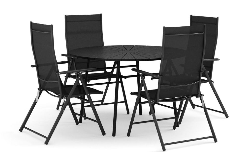 Tunis utomhus rund matgrupp 120 cm med 4 positionsstolar
