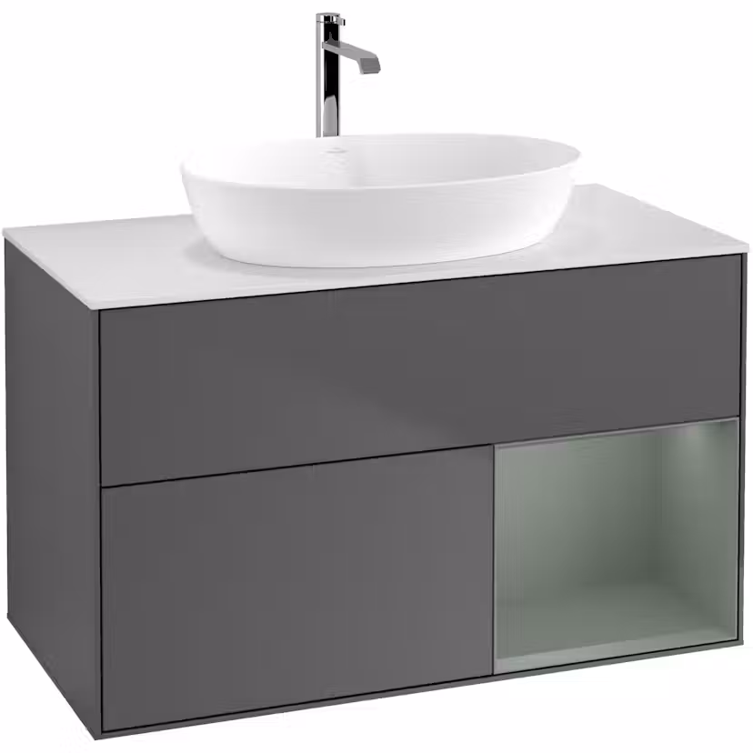 Tvättställsskåp Villeroy & Boch Finion med 2 Lådor Hylla och Bänkskiva för Fristående Tvättställ från Artis & Collaro Antracitgrå Mattlack/Oliv Mattlack med bänkskiva i Mattvitt glas med Väggbelysning, Lucka Höger Utan Blandarhål