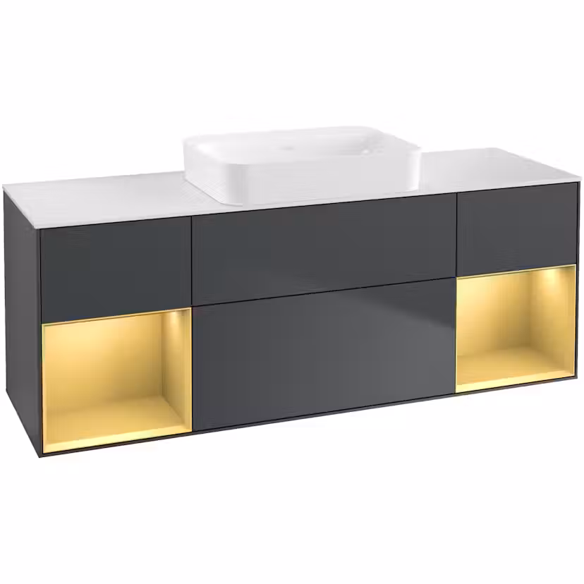 Tvättställsskåp Villeroy & Boch Finion med Två Hyllor och Bänkskiva för Fristående Tvättställ Midnattsblå Mattlack/Guld Mattlack med bänkskiva i Mattvitt glas med Väggbelysning utan Blandarhål