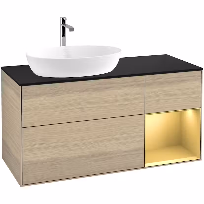 Tvättställsskåp Villeroy & Boch Finion med 3 Lådor Hylla och Bänkskiva för Ocentrerat Tvättställ från Artis & Collaro Ekfanér/Guld Mattlack med bänkskiva i Mattsvart glas med Väggbelysning, Lucka Höger Med Blandarhål