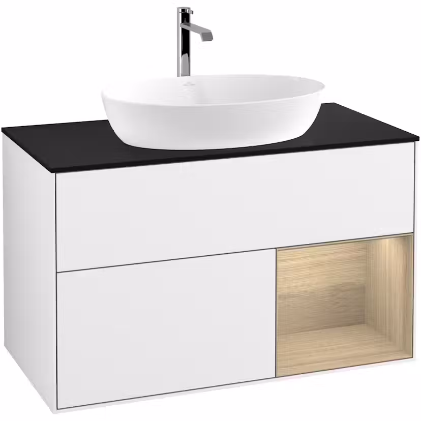 Tvättställsskåp Villeroy & Boch Finion med 2 Lådor Hylla och Bänkskiva för Fristående Tvättställ från Artis & Collaro Vit Högblank/Ekfanér med bänkskiva i Mattsvart glas med Väggbelysning, Lucka Höger Med Blandarhål